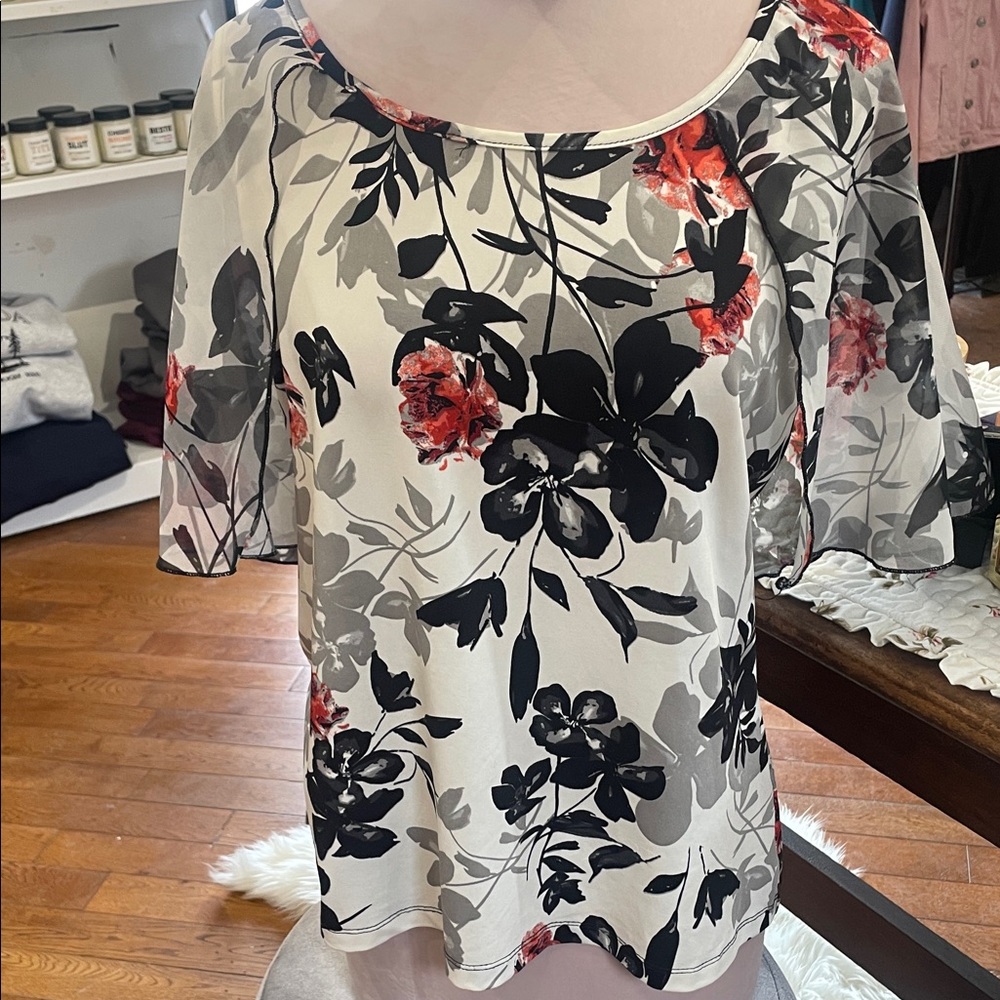 3/$25 Floral Scoop Neck top in Cream with Black & Red Print from Laura Petites
